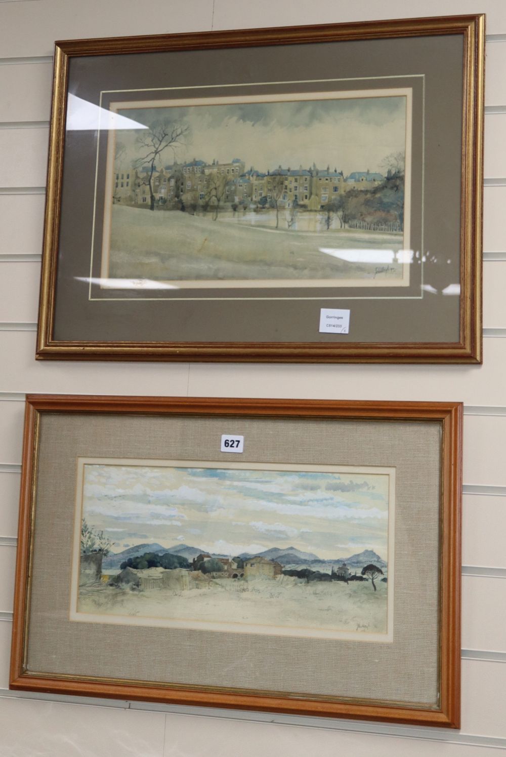 John Doyle, two watercolours, Thameside houses and Italian landscape, signed and dated 77/76, 24 x 42cm and 20 x 43cm